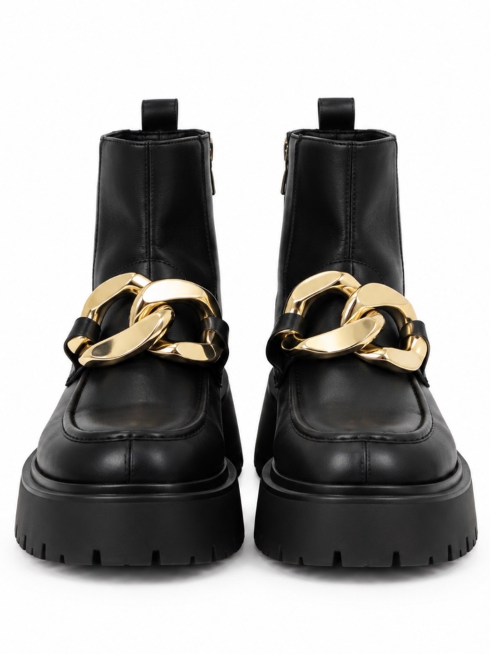 Steve Madden Cleo Black Leather Chunky Lug Sole Gold Chain Ankle Boots 7.5M